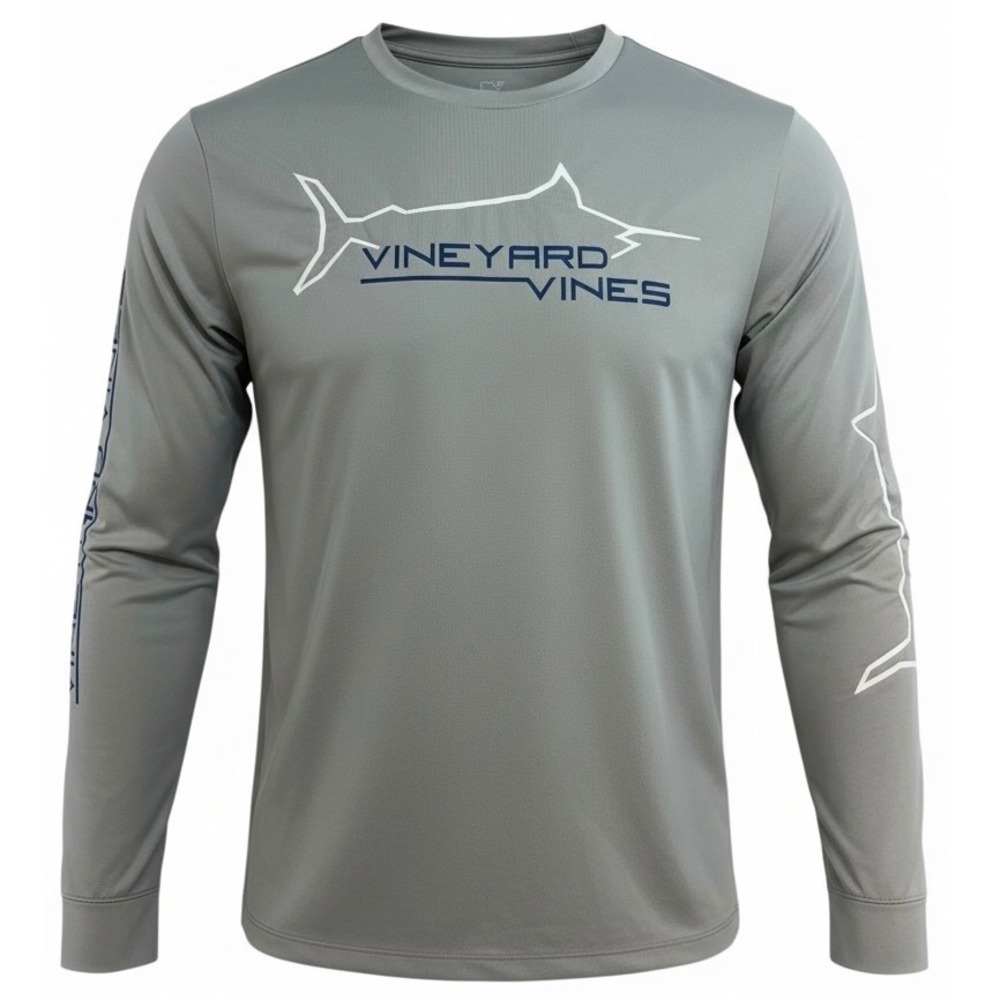 Vineyard Vines Mens Performance L/S  Marlin Graphic Shirt Gray Small (E25)